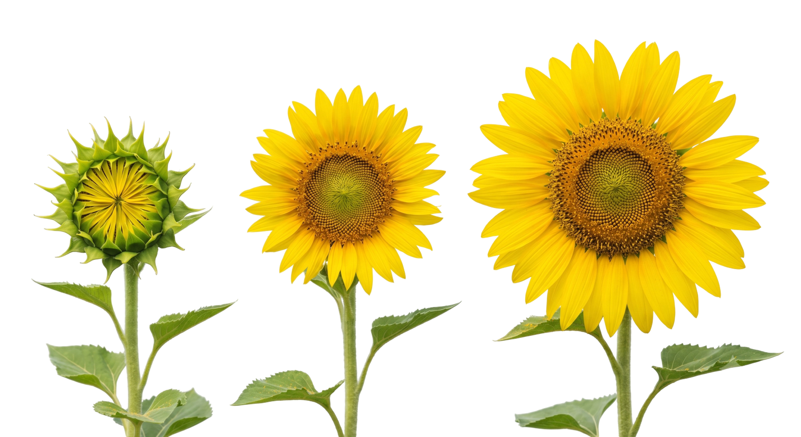 Three sunflowers in growth stages, isolated on transparent for free download