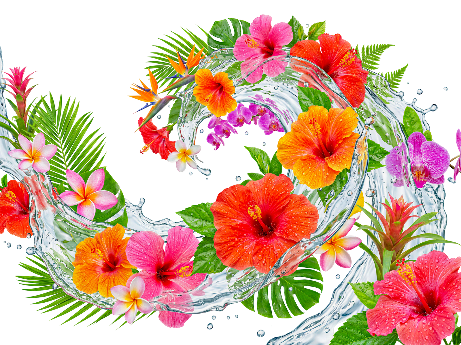 Tropical Hibiscus Flowers Splash Wave Transparent Background