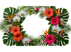 Tropical Hibiscus Flowers and Palm Leaves Frame Isolated