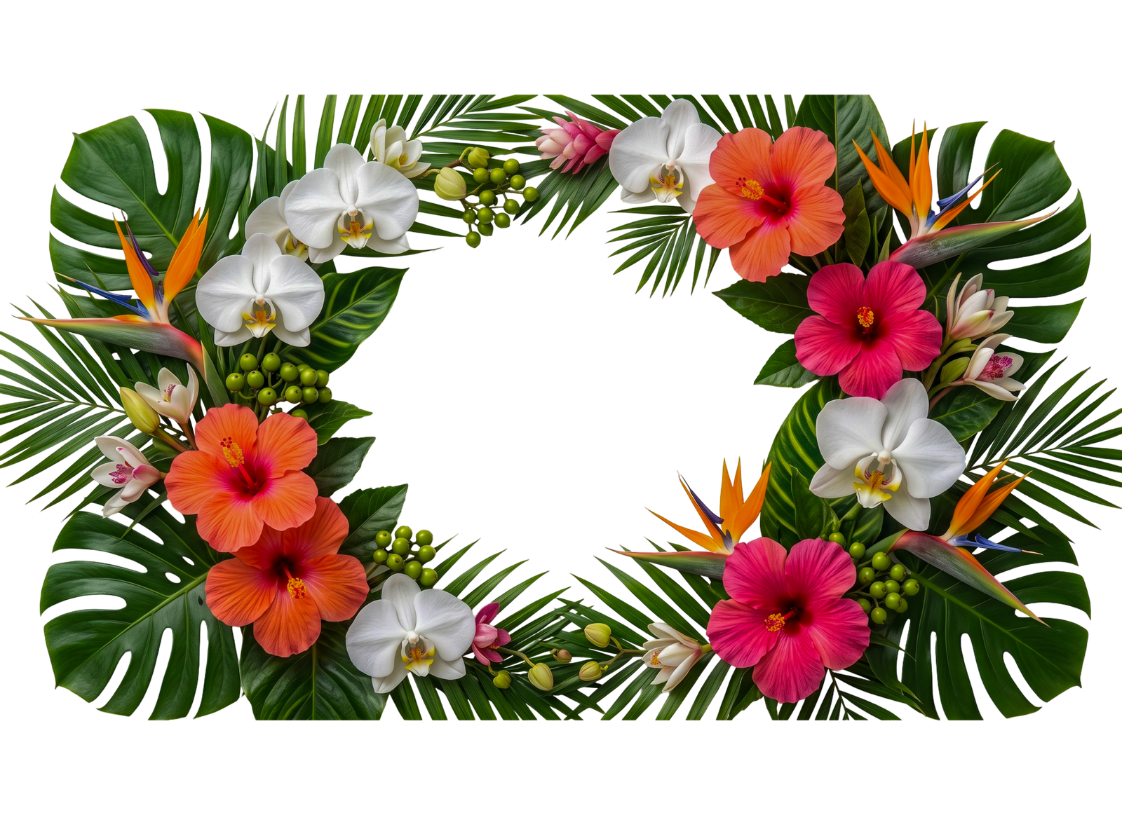 Tropical Hibiscus Flowers and Palm Leaves Frame Isolated