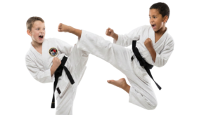 Two Boys Practicing Karate Kicks Martial Arts Sports