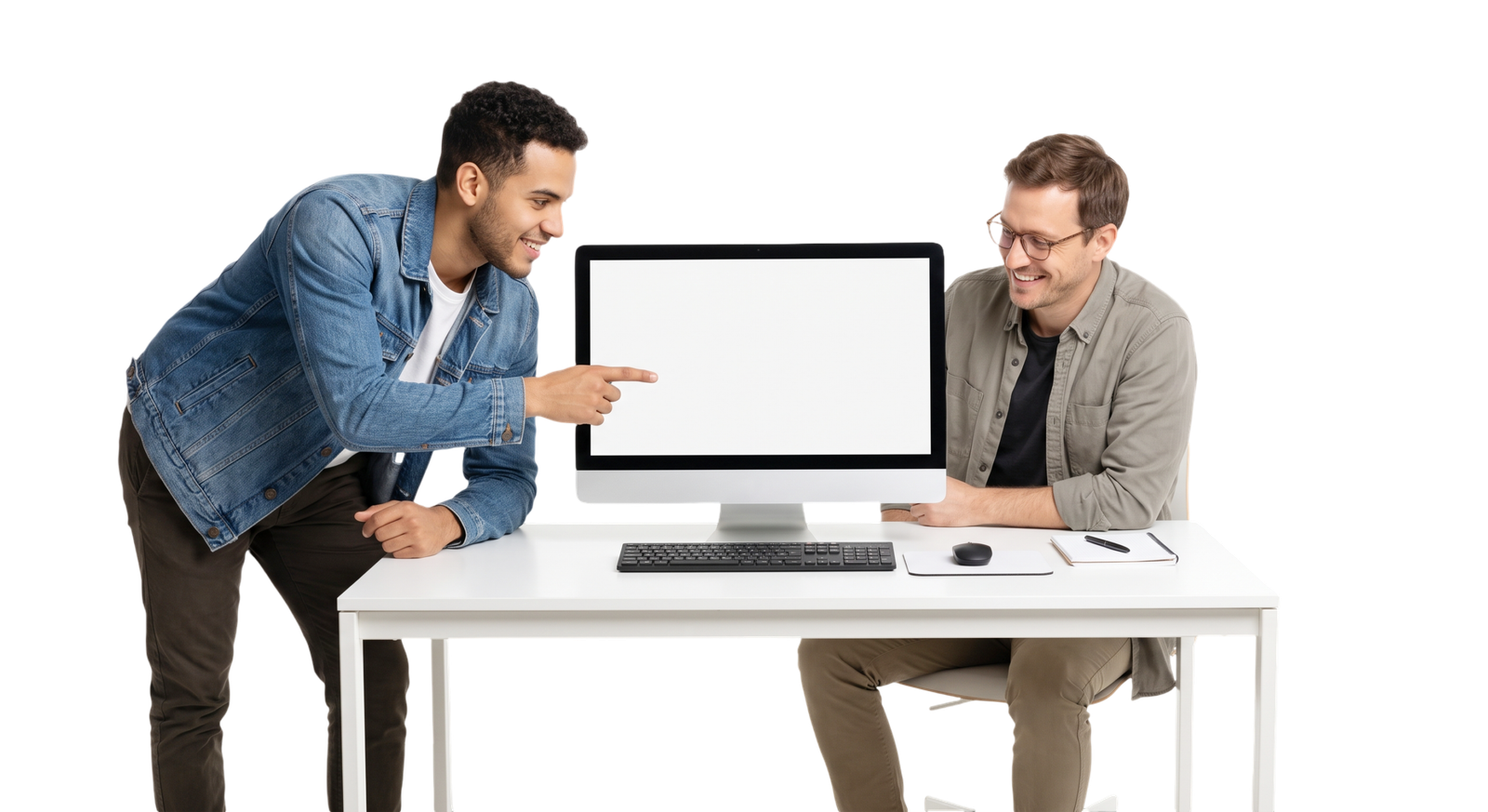 Two Men Collaborating on a Computer with Blank Screen
