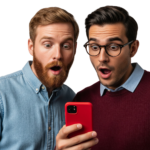 Two Men Looking at Smartphone Shocked and Surprised Transparent Background