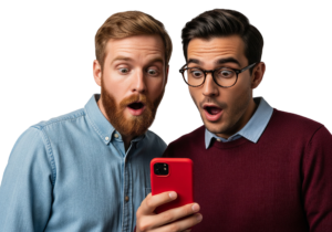 Two Men Looking at Smartphone Shocked and Surprised Transparent Background