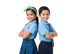 Two Smiling School Girls in Uniform Standing Arms Crossed Transparent Background