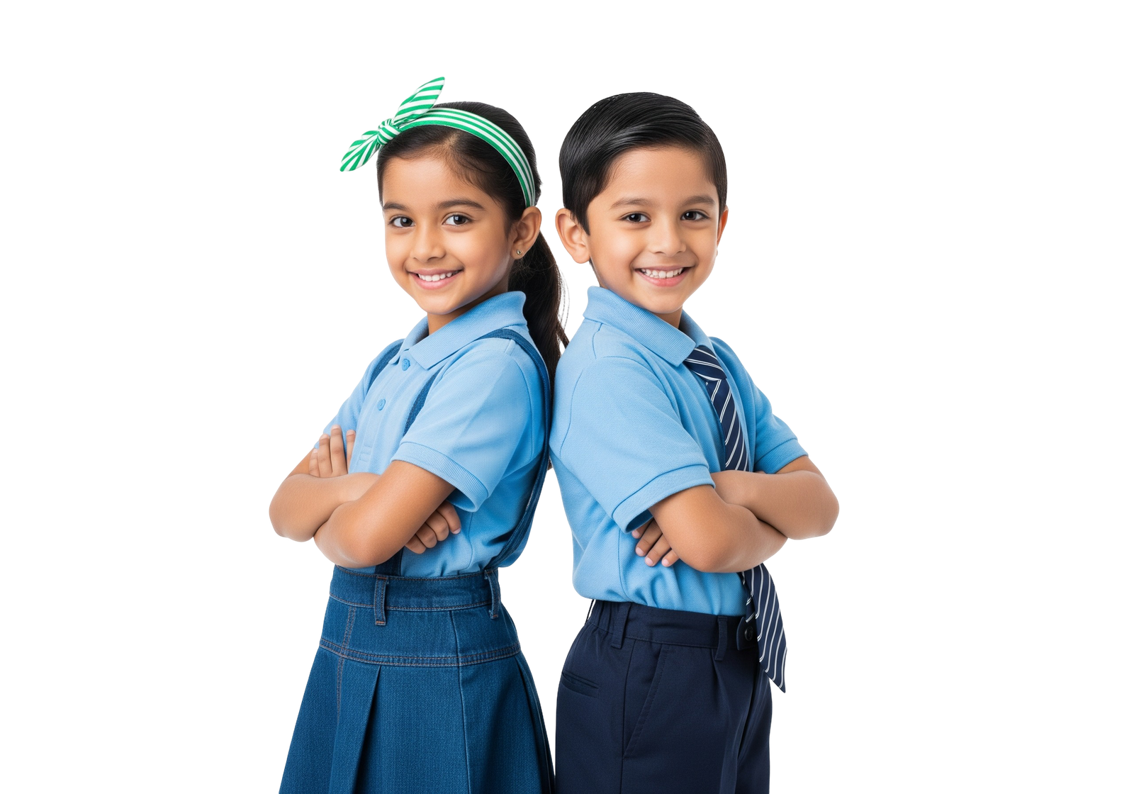 Two Smiling School Girls in Uniform Standing Arms Crossed Transparent Background