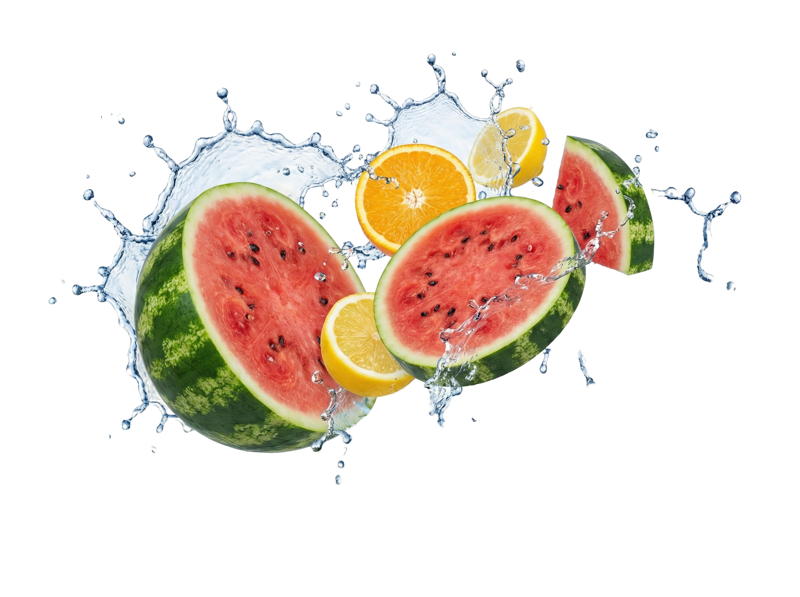 Watermelon and Citrus Fruits Water Splash Transparent Background