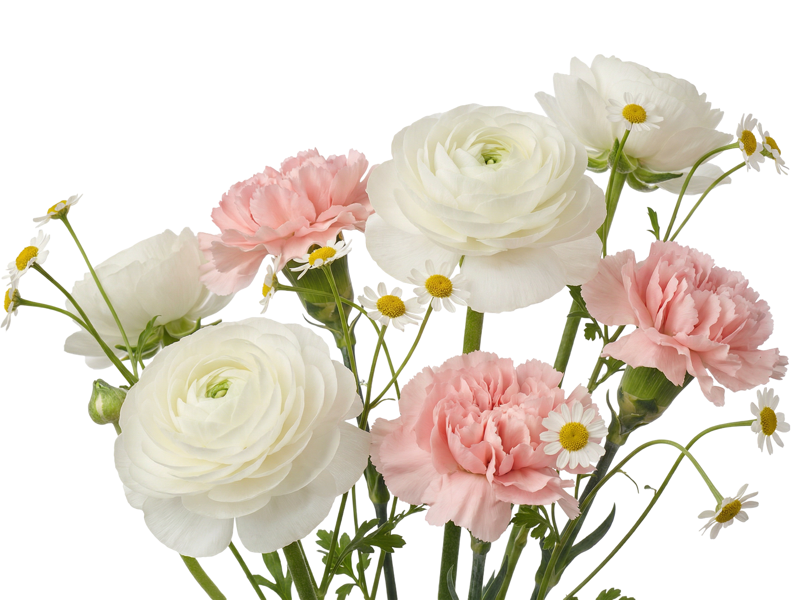 White Ranunculus and Pink Carnations Bouquet Isolated