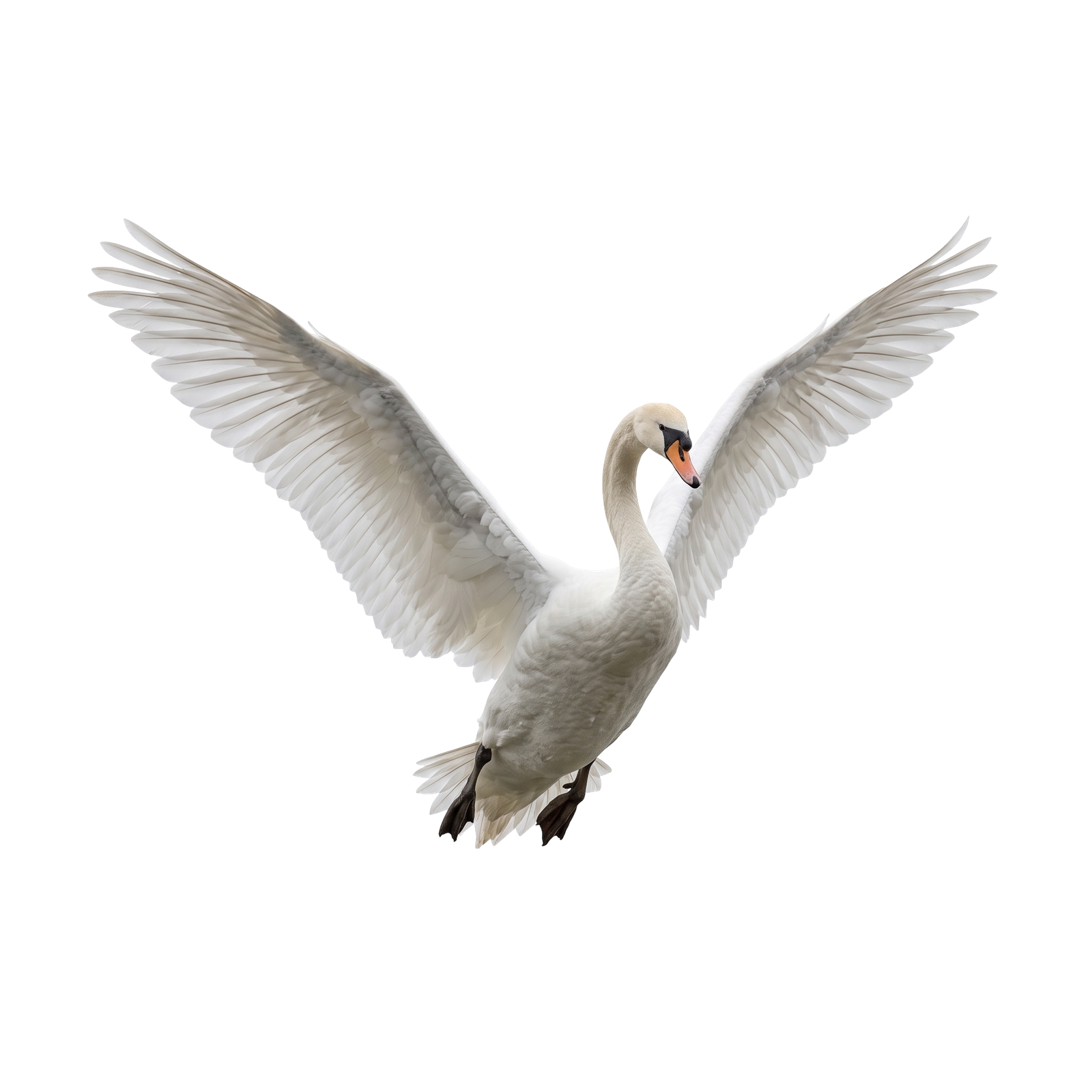 White Swan Flying in Sky Isolated