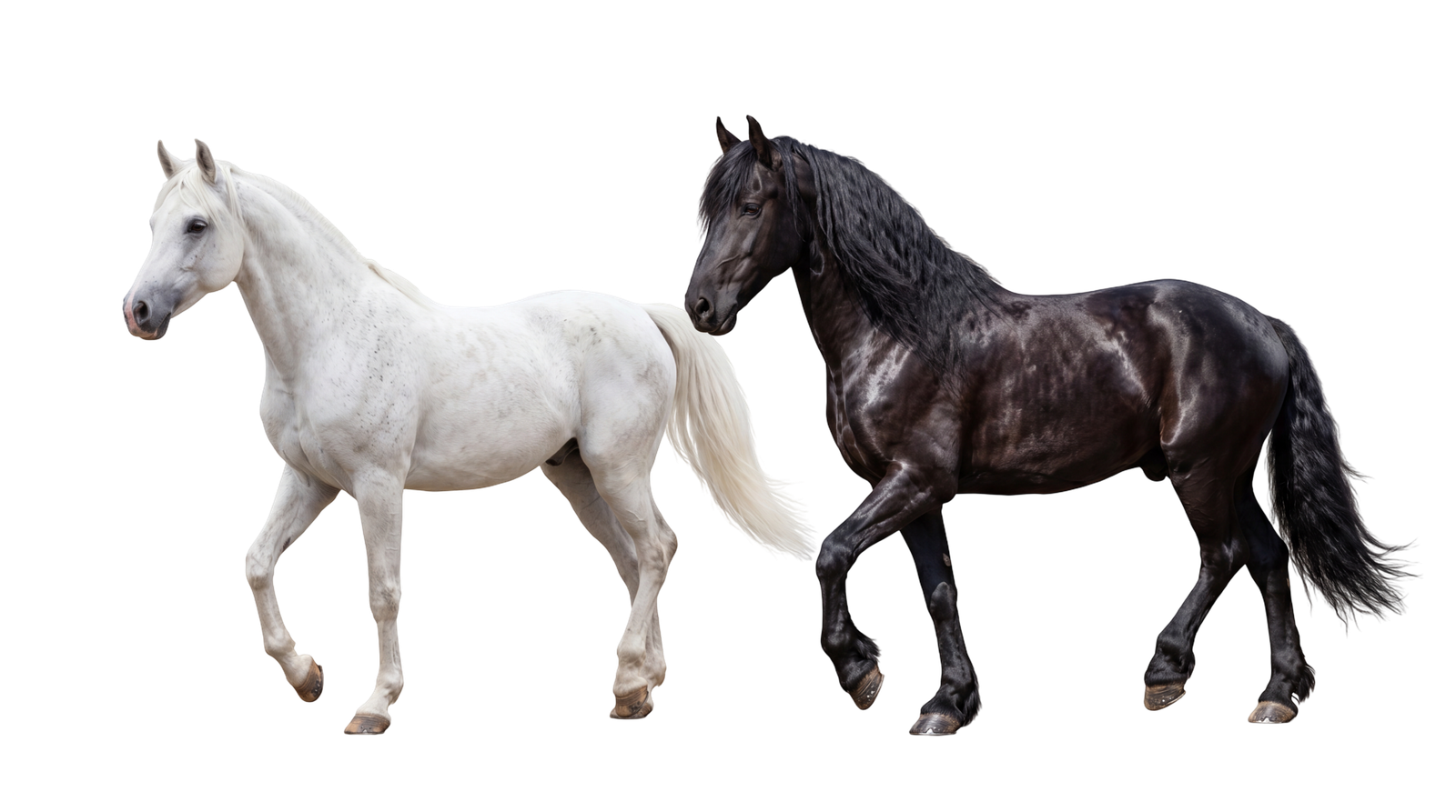 White and Black Horses Standing Side by Side Transparent Background