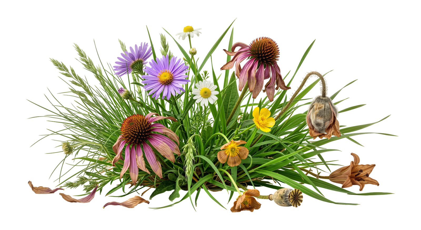 Wildflowers and Green Grass Clump Arrangement Transparent Background