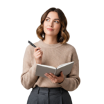 Woman Thinking Holding Notebook and Pen Isolated