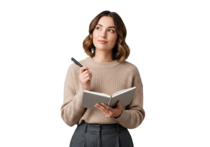 Woman Thinking Holding Notebook and Pen Isolated