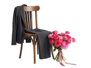 Wooden Chair with Suit Jacket and Rose Bouquet Transparent Background