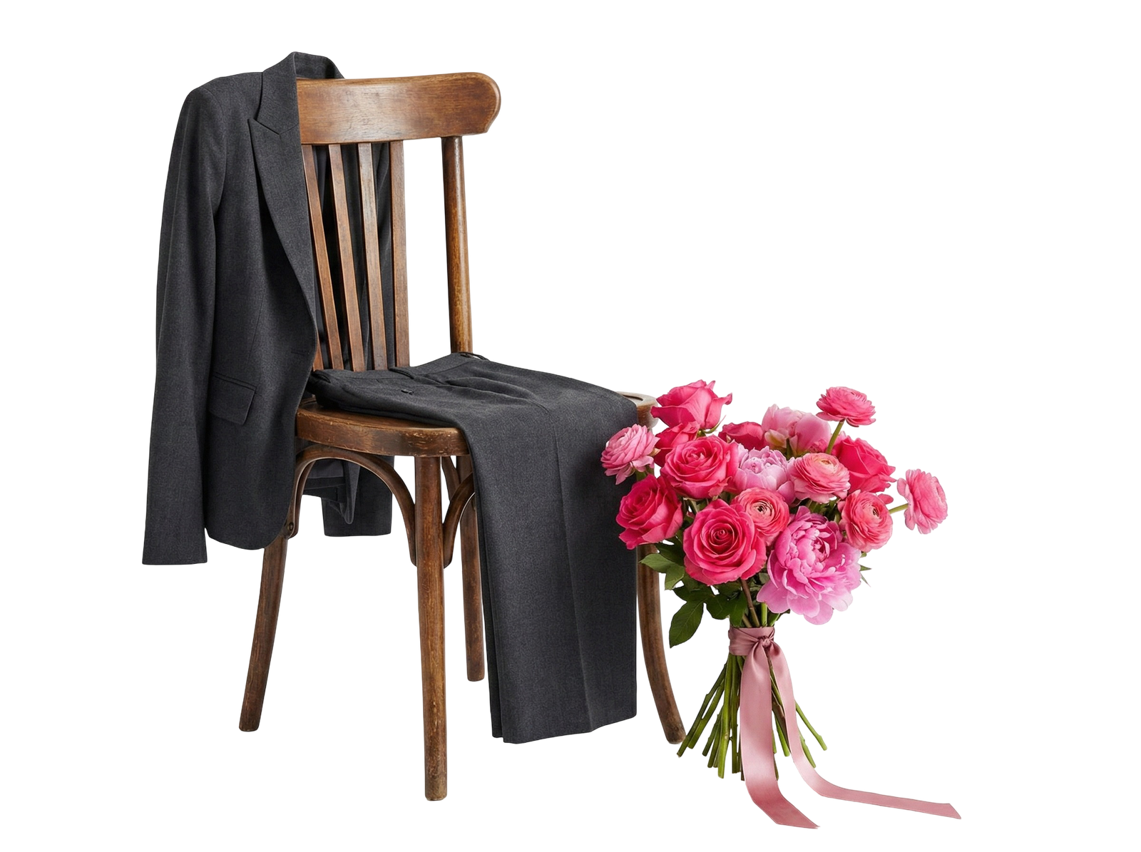 Wooden Chair with Suit Jacket and Rose Bouquet Transparent Background