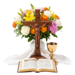 Wooden Cross Bible and Chalice with Flowers Transparent Background