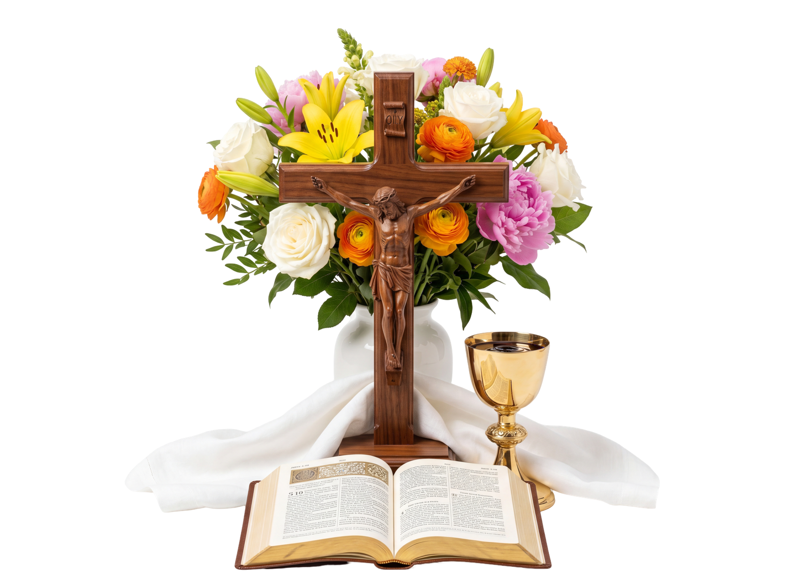 Wooden Cross Bible and Chalice with Flowers Transparent Background