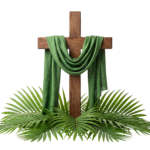 Wooden Cross with Green Cloth and Palm Leaves Transparent Background