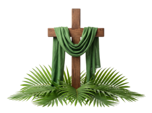Wooden Cross with Green Cloth and Palm Leaves Transparent Background
