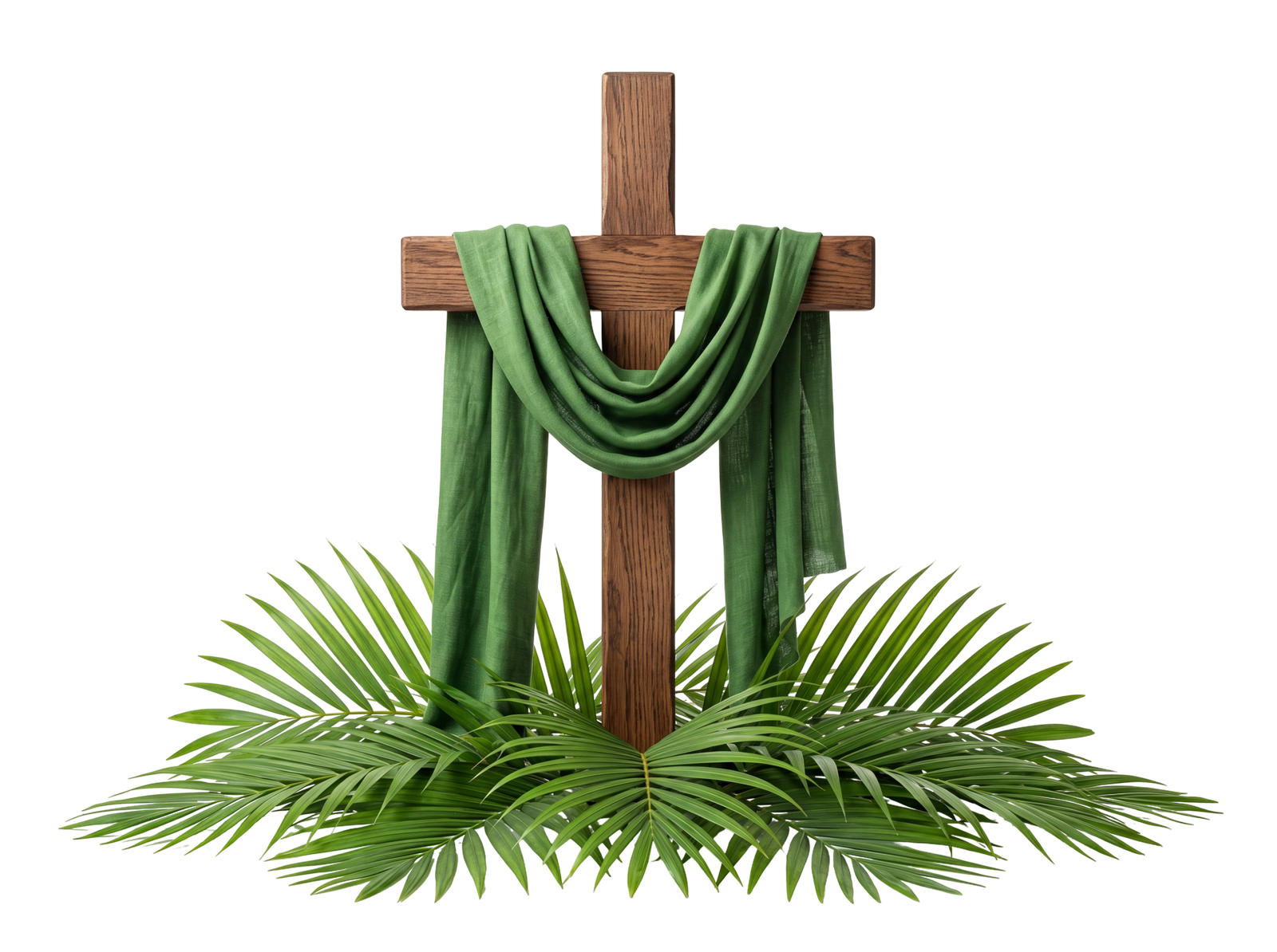 Wooden Cross with Green Cloth and Palm Leaves Transparent Background
