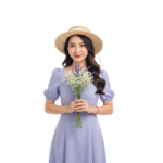 Young Asian Woman in Summer Dress Holding Flowers Transparent Background