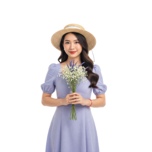 Young Asian Woman in Summer Dress Holding Flowers Transparent Background