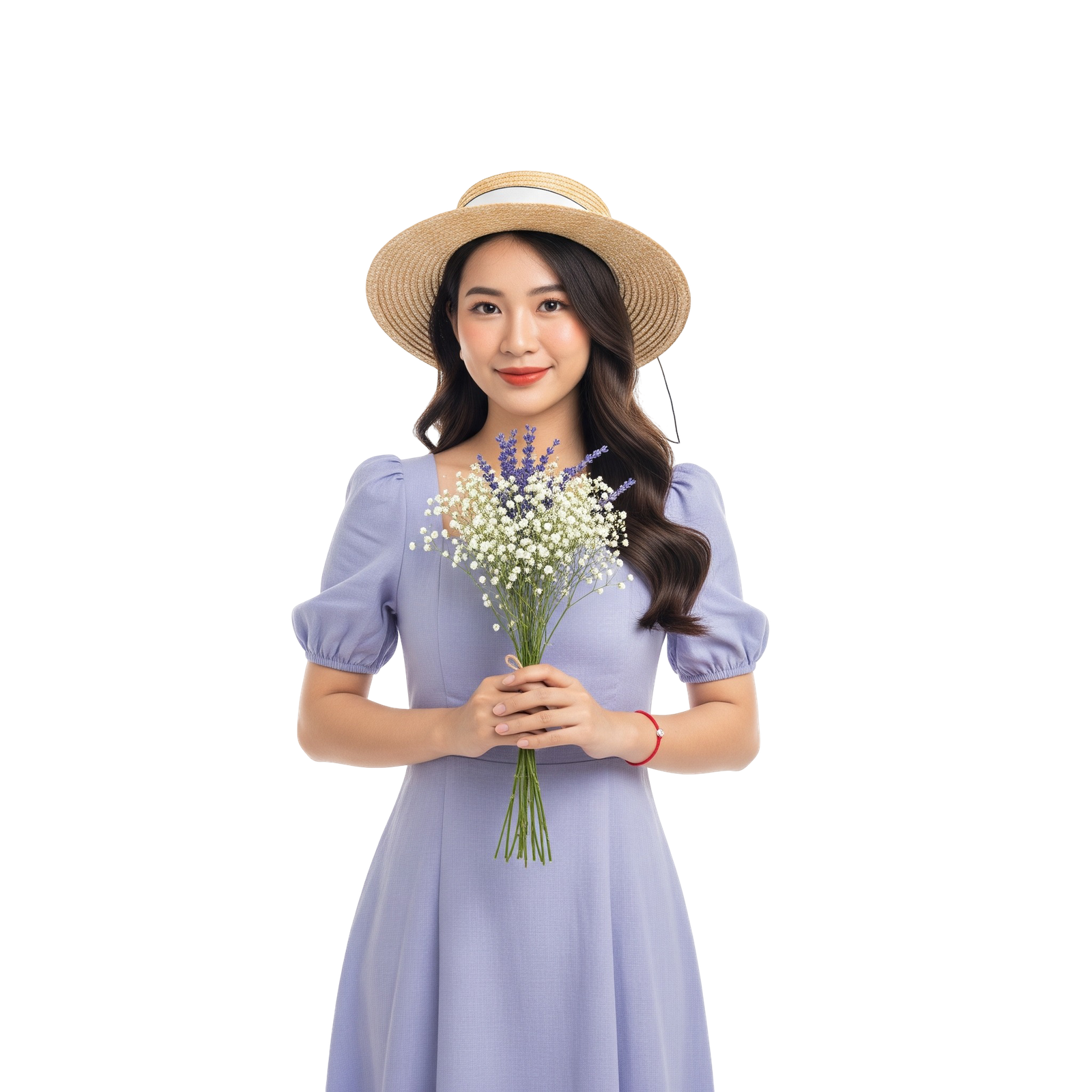 Young Asian Woman in Summer Dress Holding Flowers Transparent Background