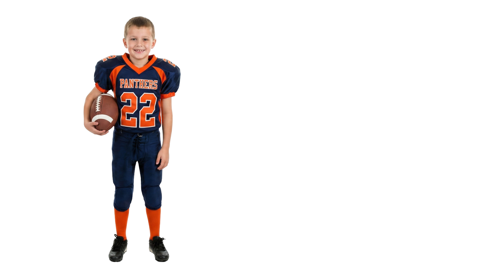 Young Boy American Football Player Holding Ball Uniform