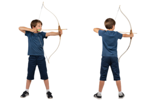 Young Boy Shooting with Wooden Bow and Arrow Archery Sport