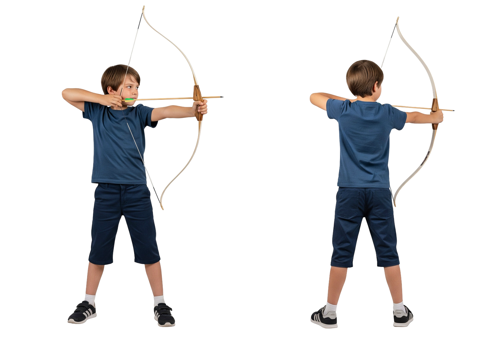 Young Boy Shooting with Wooden Bow and Arrow Archery Sport