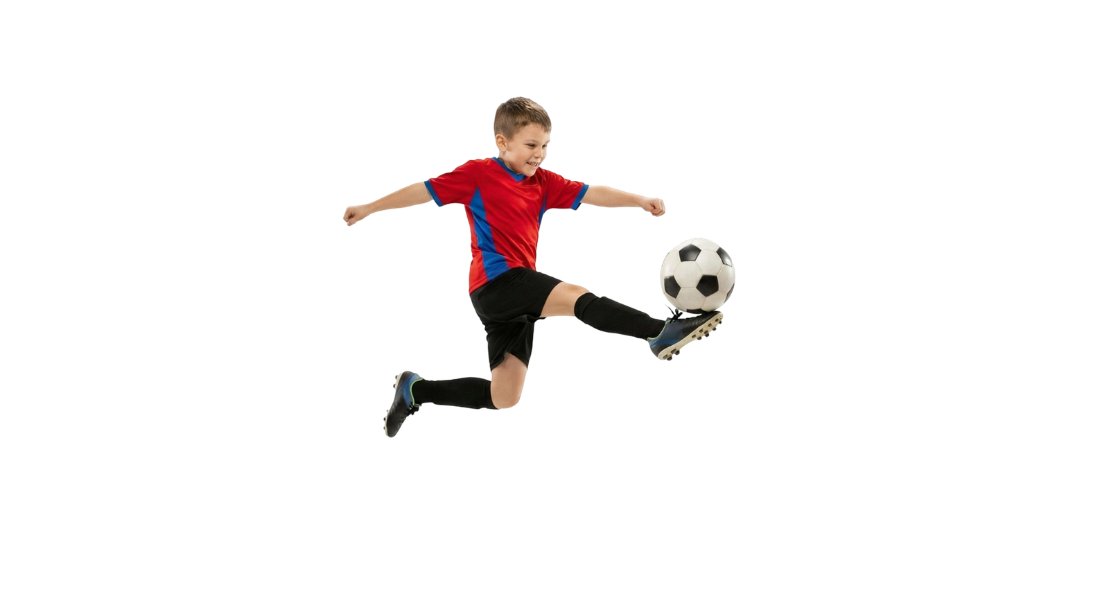 Young Boy Soccer Player Kicking Ball Flying in Air Action Shot