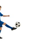 Young Boy Soccer Player Kicking Football Ball Action