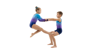 Young Boy and Girl Gymnasts Performing Acrobatic Stunt