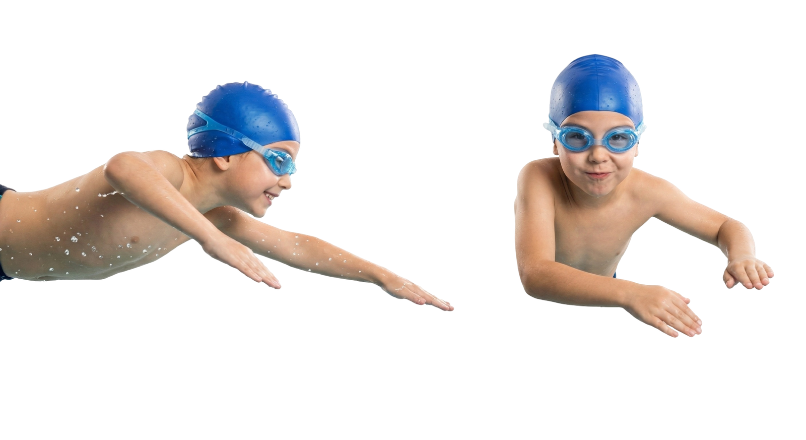 Young Boys Swimming in Pool Wearing Goggles and Cap