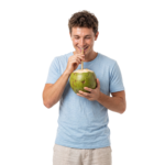 Young Man Drinking Fresh Coconut Water with Straw Transparent Background