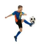Young Soccer Player Kicking Football Ball Mid Air Jump