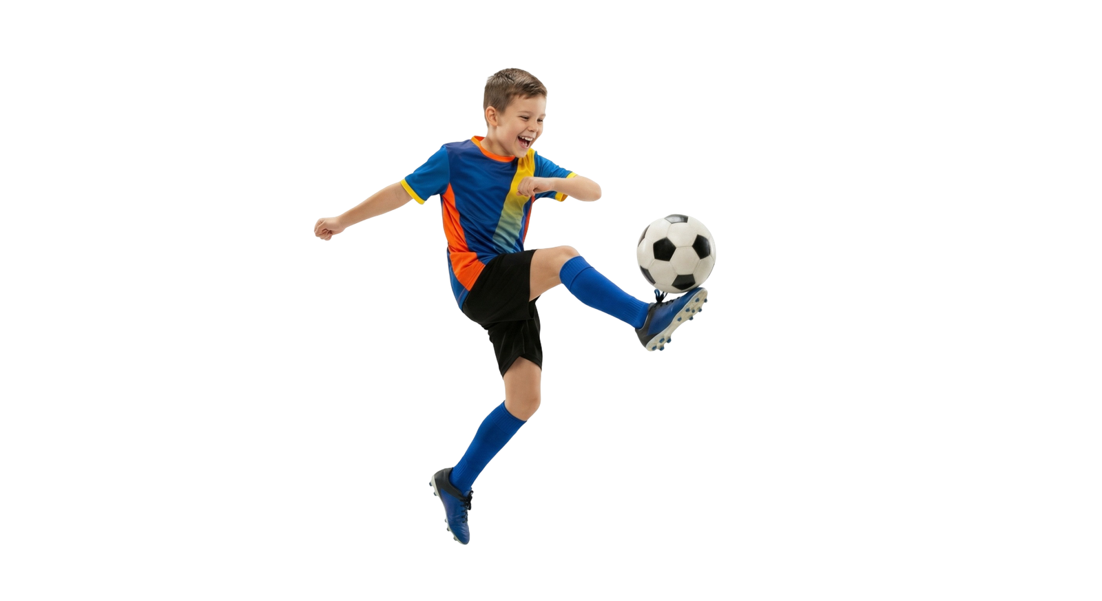 Young Soccer Player Kicking Football Ball Mid Air Jump